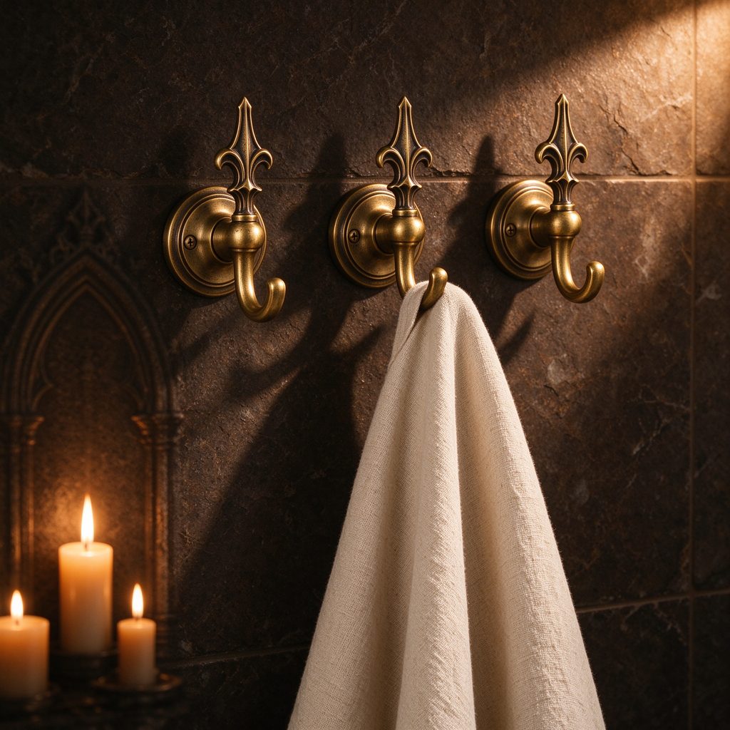 Three brass towel hooks with gothic finials