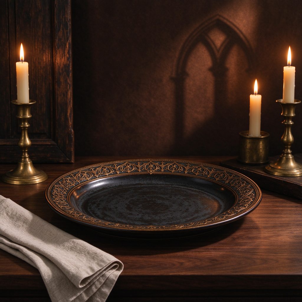 Hand-painted ceramic platter with antique gold gothic filigree