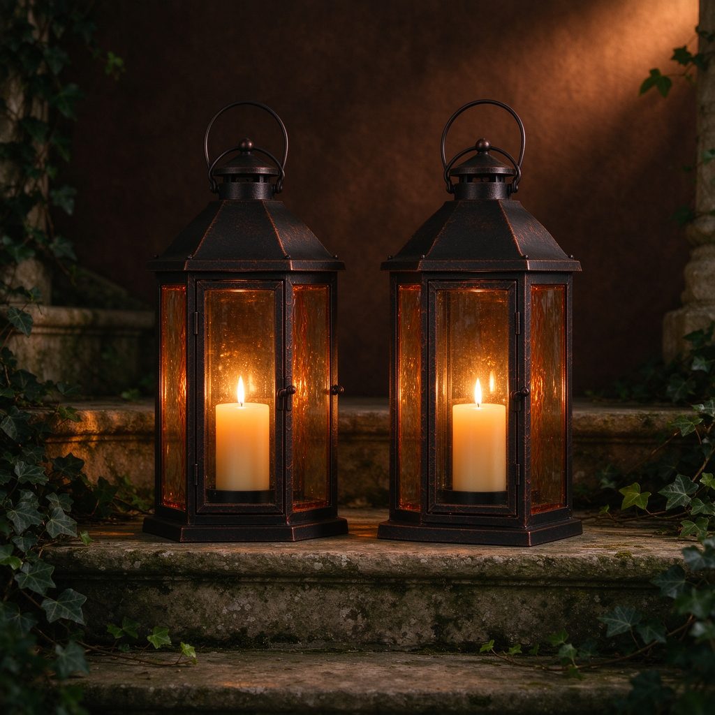 Pair of black iron garden lanterns with amber glass