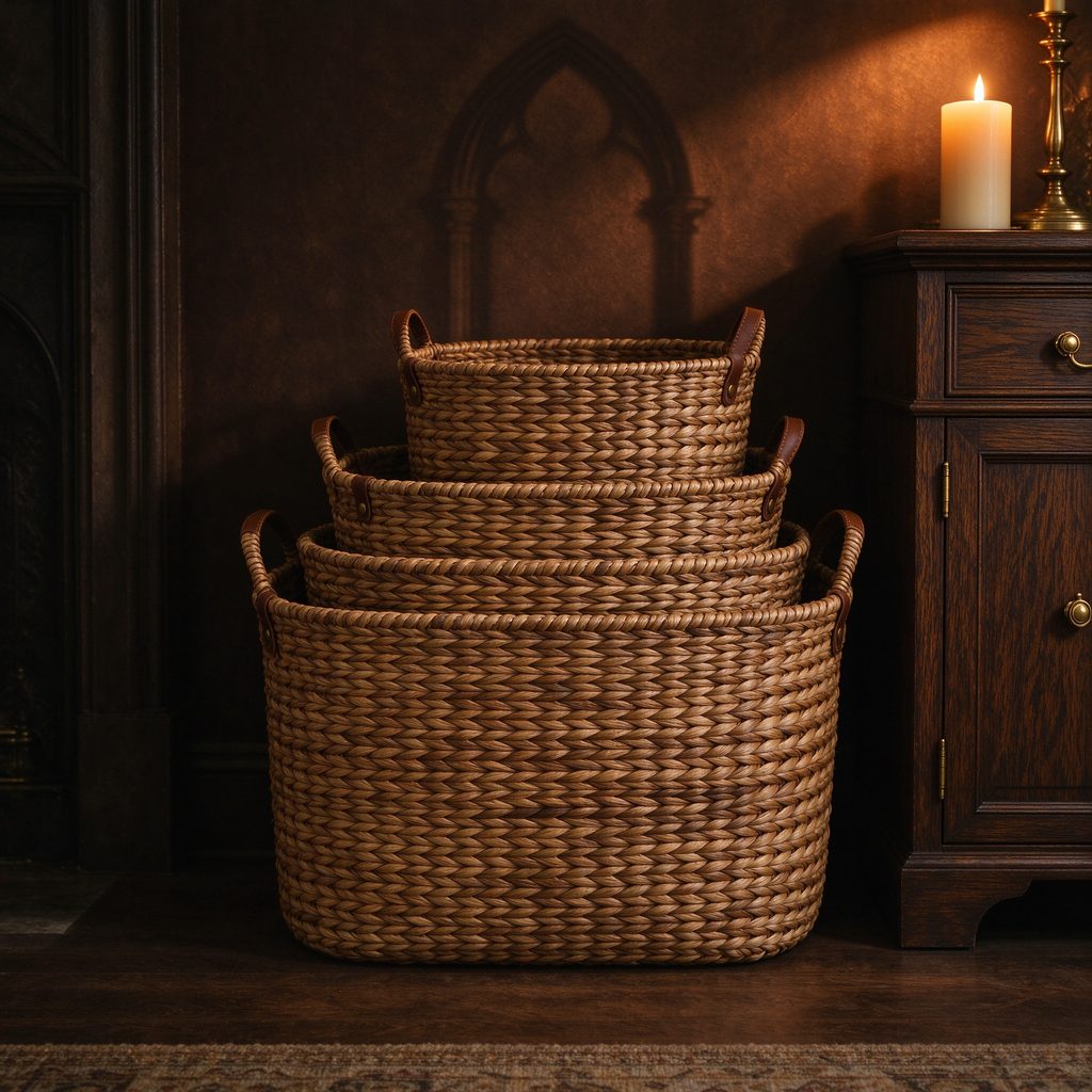 Woven seagrass baskets with leather handles
