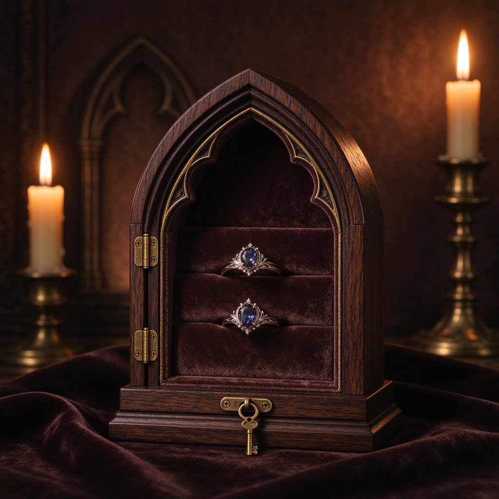 Gothic arch jewelry box with brass hinges and velvet lining