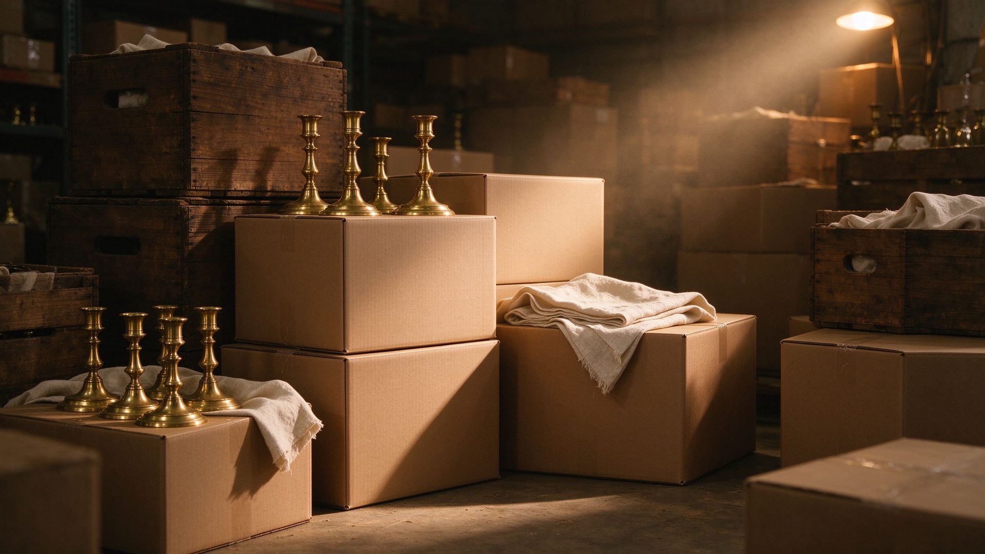 Warm warehouse with blank kraft boxes, brass and linen